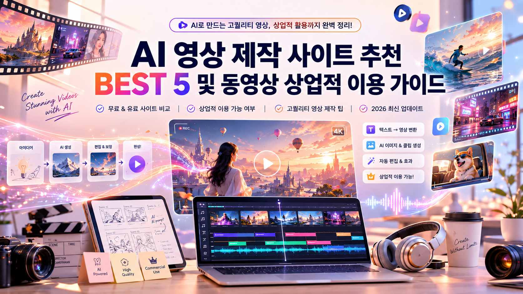 2026년 상업적 이용 가능한 AI 영상 제작 사이트 BEST 5와 동영상 제작 가이드 메인 이미지