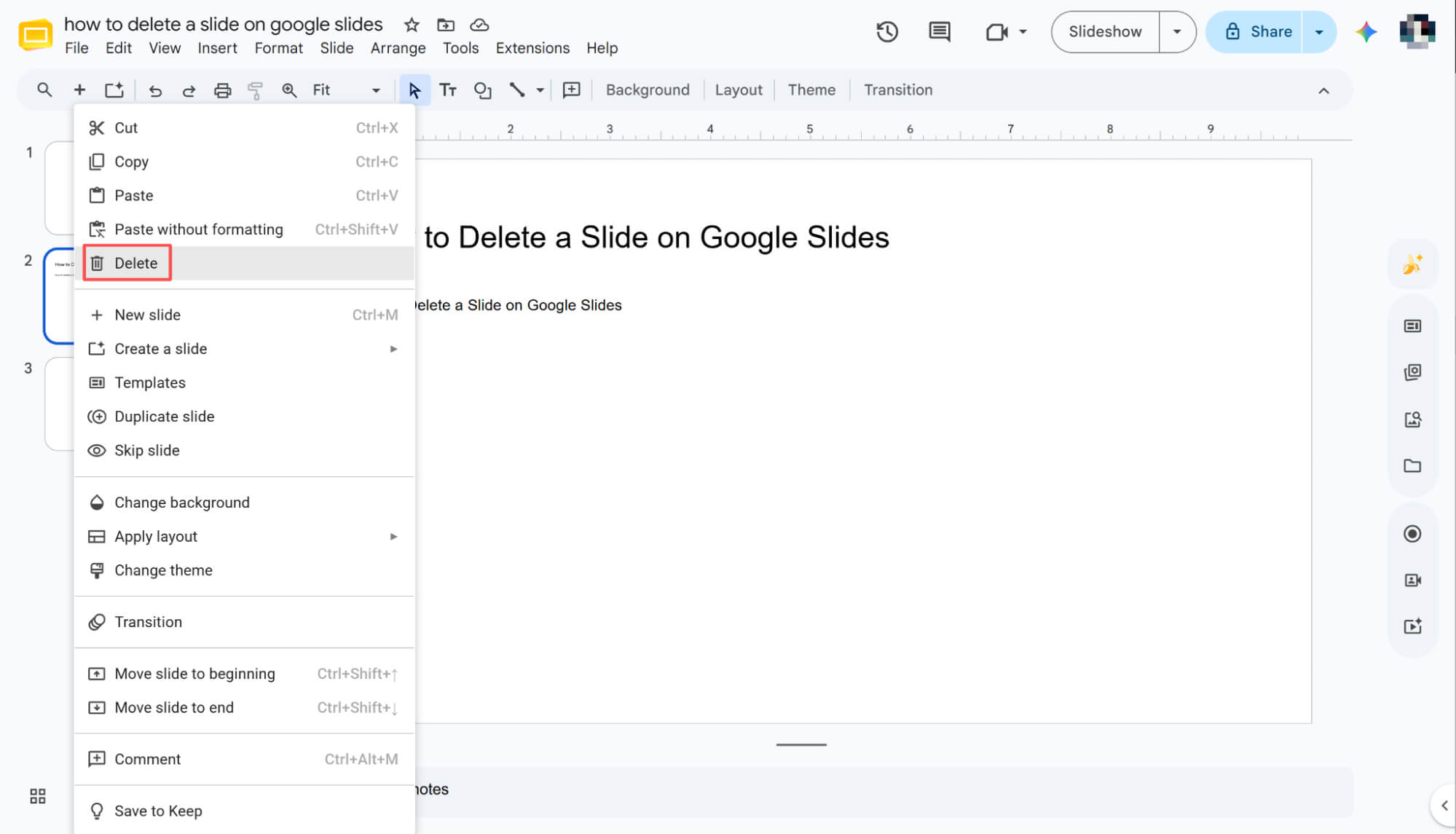 Delete a slide on Google slides via Right-Click