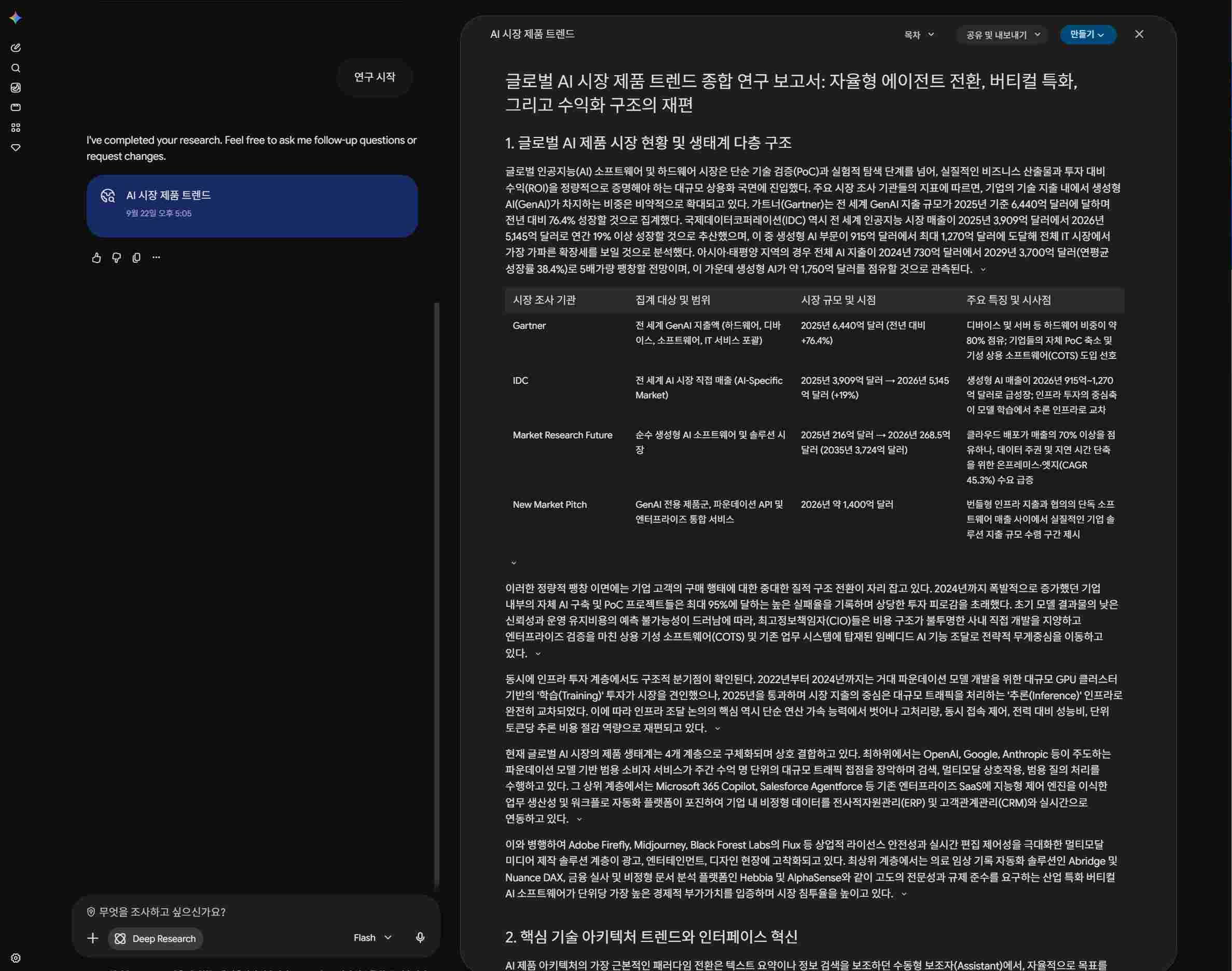 구글 검색 엔진 및 워크스페이스 연동을 기반으로 실시간 Deep Search와 멀티모달을 처리하는 Gemini 화면
